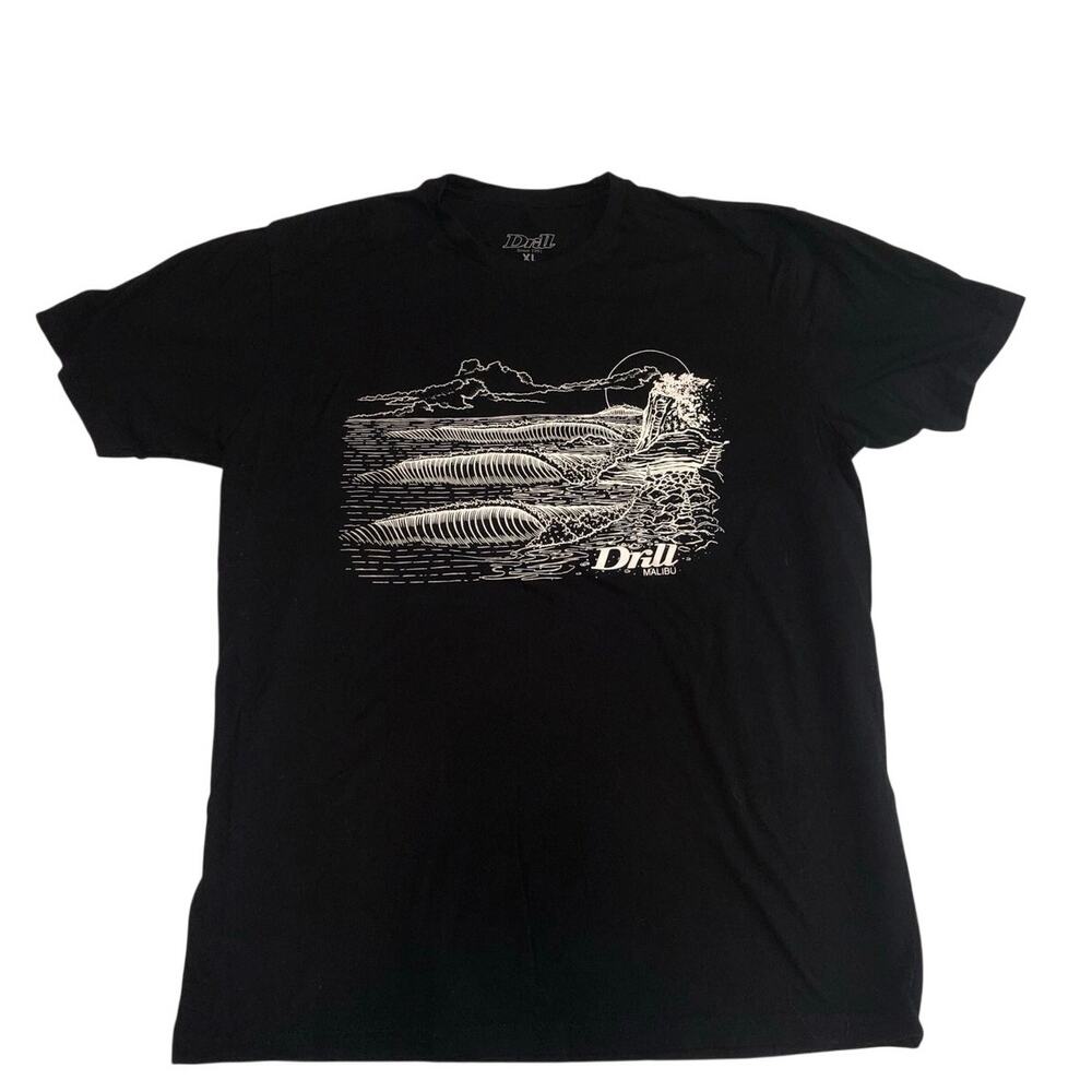 Drill Malibu Surf T-Shirt XL Black White Wave Graphic Made in USA Unisex Tee